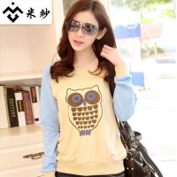 米纱2015年韩版春装猫头鹰图案拼接宽松大码T恤8960