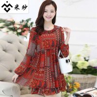 米纱2015新款女装复古气质修身碎花长袖雪纺连衣裙6771