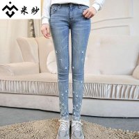 米纱2015春季新款女装修身刺绣显瘦小脚牛仔裤7020