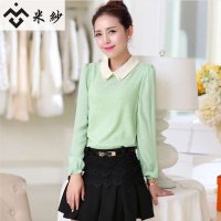 米纱2015新款女修身长袖打底小清新衬衫上衣甜美娃娃领雪纺衫1087