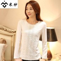 米纱2015韩版新款韩国时尚休闲圆领钉珠花边雪纺衫9915