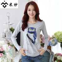 米纱2015新款韩版时尚休闲打底上衣鞋子猫头鹰图案修身纯棉长袖女T恤9728