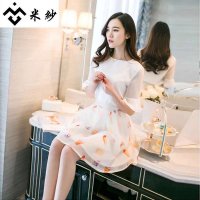 米纱2015新款韩版时尚修身两件套白色上衣印花雪纺打底连衣裙9017