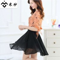 米纱2015春夏新款韩版休闲简约时尚上衣雪纺连衣裙两件套装(送腰带)9612