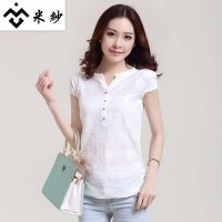 米纱2015秋装新款棉麻显瘦T恤V领纯棉短袖T恤1030