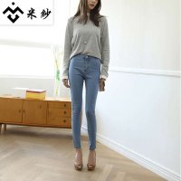 米纱2015韩版春夏新款高腰简约经典修身铅笔小脚牛仔裤1511