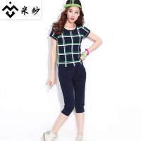 米纱2015夏装新款短袖七分裤女韩版时尚拼接休闲运动套装806