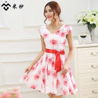 米纱2015夏装新款V领系带淑女印花大摆雪纺中长款连衣裙618