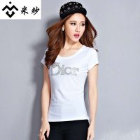 米纱2015夏新款韩版大码镶钻字母棉修身T恤1516