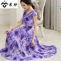 米纱2015夏季新款时尚气质雪纺印花显瘦沙滩连衣裙8126