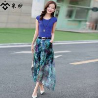 米纱2015夏季新款两件套装中长款套裙波西米亚印花雪纺连衣裙1831