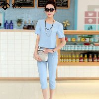 米纱2015夏季新款名媛气质时尚套装女韩范圆领七分裤两件套套装2037