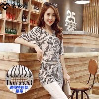 米纱2015夏装新款条纹宽松上衣中长款女雪纺衫6681