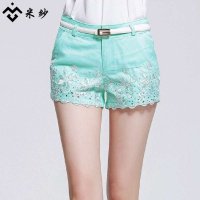 米纱2015新款休闲裤女韩版蕾丝刺绣烫钻修身显瘦短裤1537
