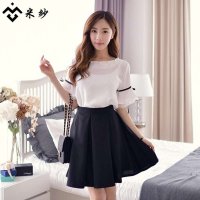 米纱2015夏新款雪纺名媛小香风荷叶边时尚套裙女大摆两件套连衣裙6618