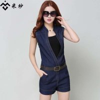米纱2015夏装时尚潮款V领显瘦牛仔修身收腰包臀无袖连身连体裤短裤8556