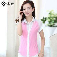 米纱2015新款韩版百搭时尚简约修身短袖撞色雪纺衬衫9097