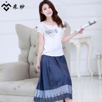 米纱2015夏季新款复古文艺范女装刺绣T恤长裙两件套连衣裙5212