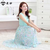 米纱2015新款夏季波西米亚碎花假两件印花雪纺修身连衣裙8838