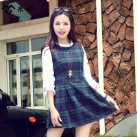 米纱2015韩版秋新款时尚格子拼接宽松长袖立领连衣裙6819