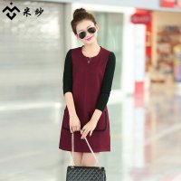 米纱2015韩版秋季新款女装时尚毛呢拼接长袖A字连衣裙6628