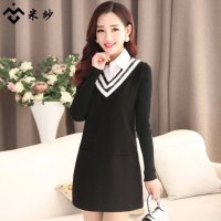 米纱2015秋新款韩版修身针织长袖拼接假两件V领中长连衣裙9811