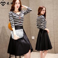 米纱2015秋装新款条纹长袖T恤大摆两件套连衣裙8560