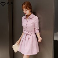 米纱2015秋装韩版修身长袖中长款学院风棉麻连衣裙6587