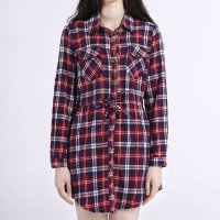 韩版秋冬女装新款格子衬衫 翻领中长款系带宽松衬衣上衣 370795
