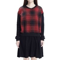 2015年新款韩版套头假两件中长款针织衫拼接宽松格子针织衫371144