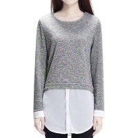 2015年新款女韩版假两件针织衫中长款雪纺拼接圆领针织衫452517