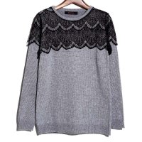 maple2015春新韩版钩花蕾丝拼接显瘦打底衫长袖圆领针织衫452523
