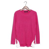 2015年韩版新款打底衫中长款针织衫长袖女套头雪纺拼接系带452538