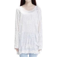 2015年春季韩版棉麻女宽松白色棉麻蕾丝绣花长袖连衣裙t恤371173