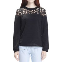 2015年春季新款韩版女装宽松露肩绣花拼接镂空长袖圆领t恤371174