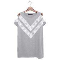 2015年春季新款韩版蕾丝女拼接宽松休闲露肩t恤大码钉珠t恤452639