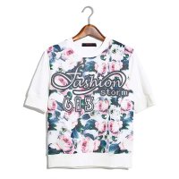 2015年春季新款韩版撞色花朵圆领套头短袖显廋t恤七分袖女452715