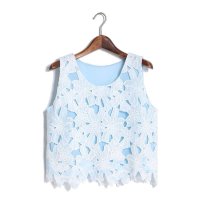 2015夏韩范性感镂空钩花短款无袖背心宽松雪纺背心上衣女453371