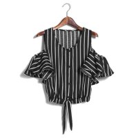 2015年春夏韩版新款圆领露肩短袖条纹百搭t恤上衣女371657