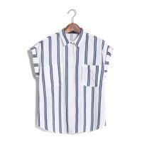 2015夏韩版时尚简约竖条纹宽松短款恤衫显廋百搭棉麻上衣女453589