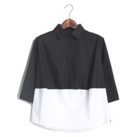 2015初秋新款韩版时尚简约黑白拼接恤衫显廋百搭纯棉上衣女453748