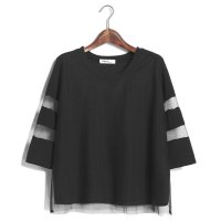 2015初秋韩版新款纯色圆领七分袖T恤百搭纱网拼接上衣女潮453723