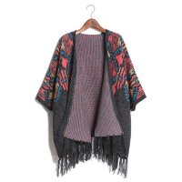 2015秋季新款气质复古民族风流苏斗篷披肩图腾宽松加厚外套371942