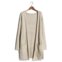2015秋季新款韩版简约纯色中长针织衫休闲披肩领开衫厚外套371940