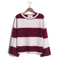 2015秋冬新款撞色条纹混织彩圆领港风毛线套头毛衣针织衫女371979