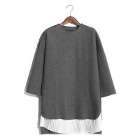 2015初秋新款韩版圆领毛呢拼接雪纺t恤百搭女士七分袖上衣454046