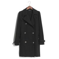 2015秋冬新款韩版OL气质纯色双排扣修身中长款风衣百搭外套181806