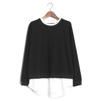 2016春季新款韩版圆领套头假两件拼接长袖t恤百搭打底衫女454373