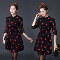 歐美春裝新款2015紅唇連衣裙修身雪紡衫顯瘦打底裙女裝大10-8726