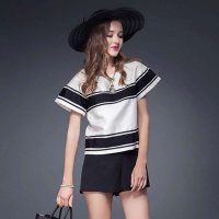 2015夏季新款短袖宽松两件套名媛时尚休闲短裤套装女夏装潮国544-5234白衣+黑裤